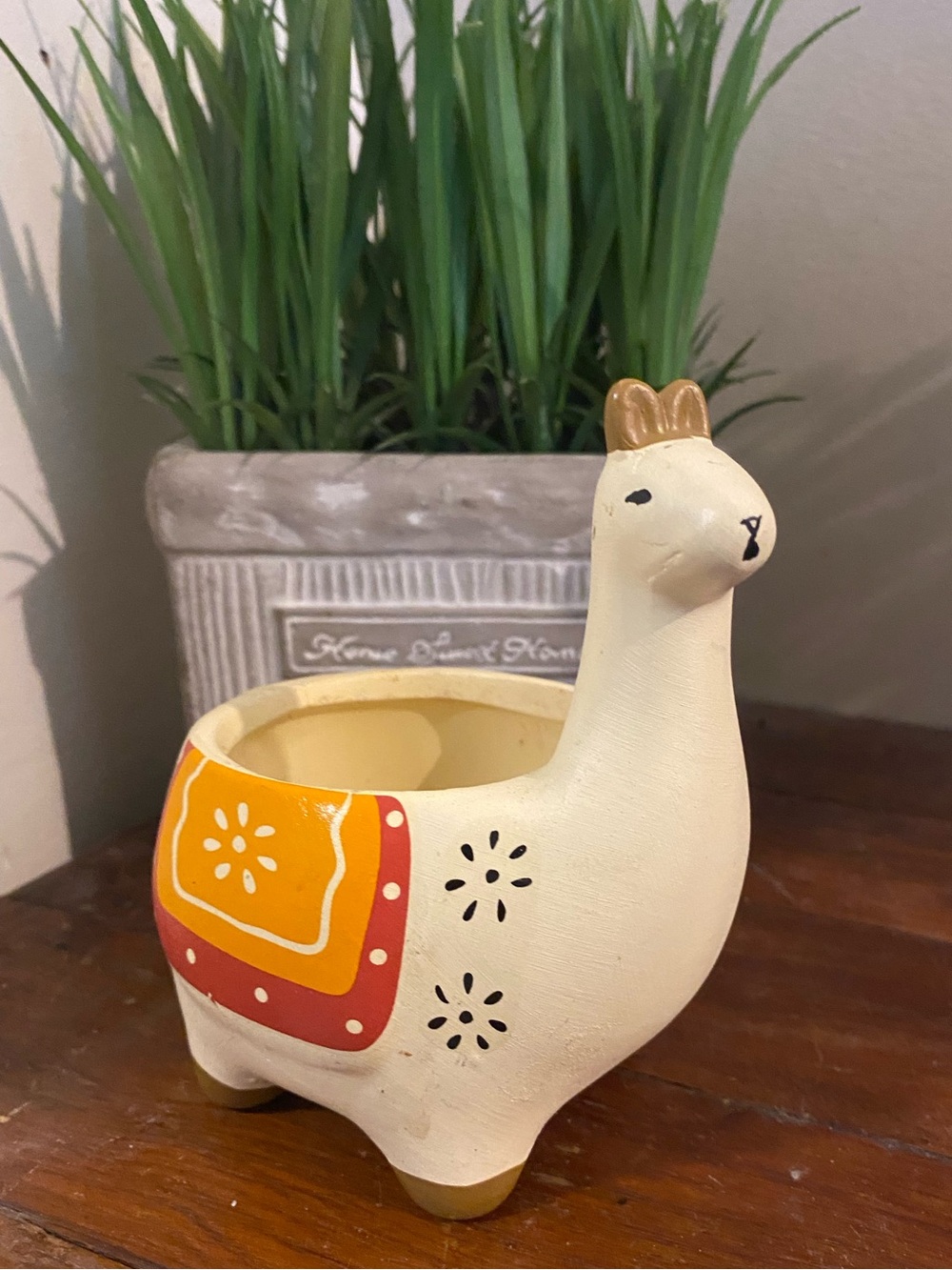 Hand-Painted Cream Llama Planter with Orange Saddle